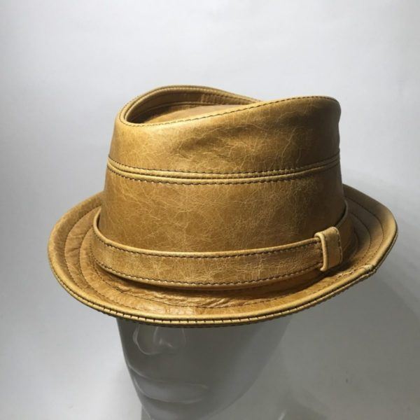 Whiskey Coloured Leather Trilby Hat With Band