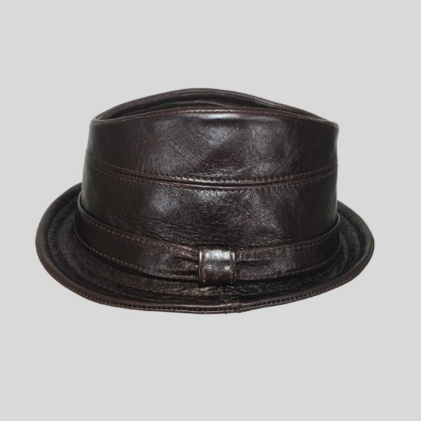 Chocolate Brown leather trilby hat with band