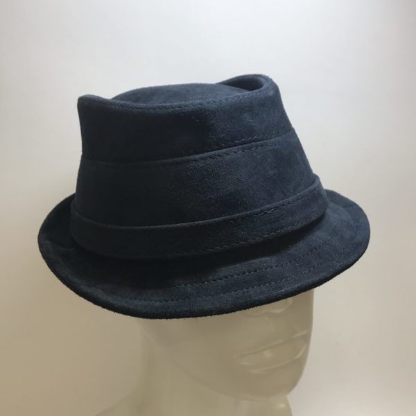 Front View Of Blue Suede Lower Crown Trilby Hat