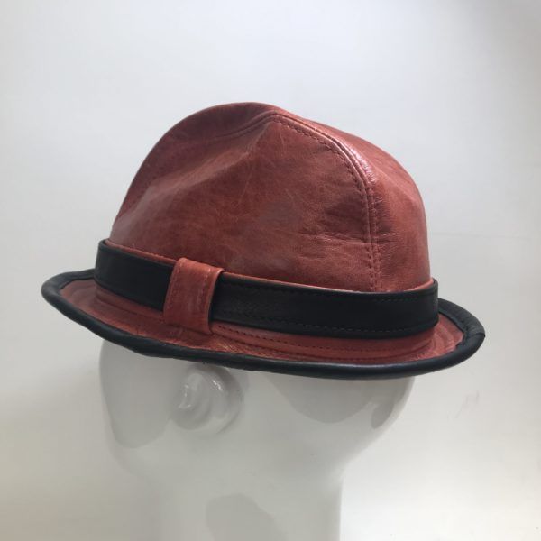 Custom fedora hat stingy leather bound brim red / black