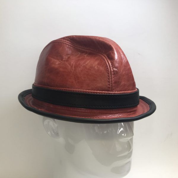 Custom fedora hat stingy leather bound brim red / black