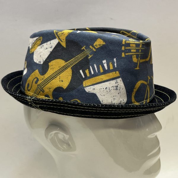 Pinch Trilby Hat Blue and Yellow Jazz Fabric | Made By The Hattic