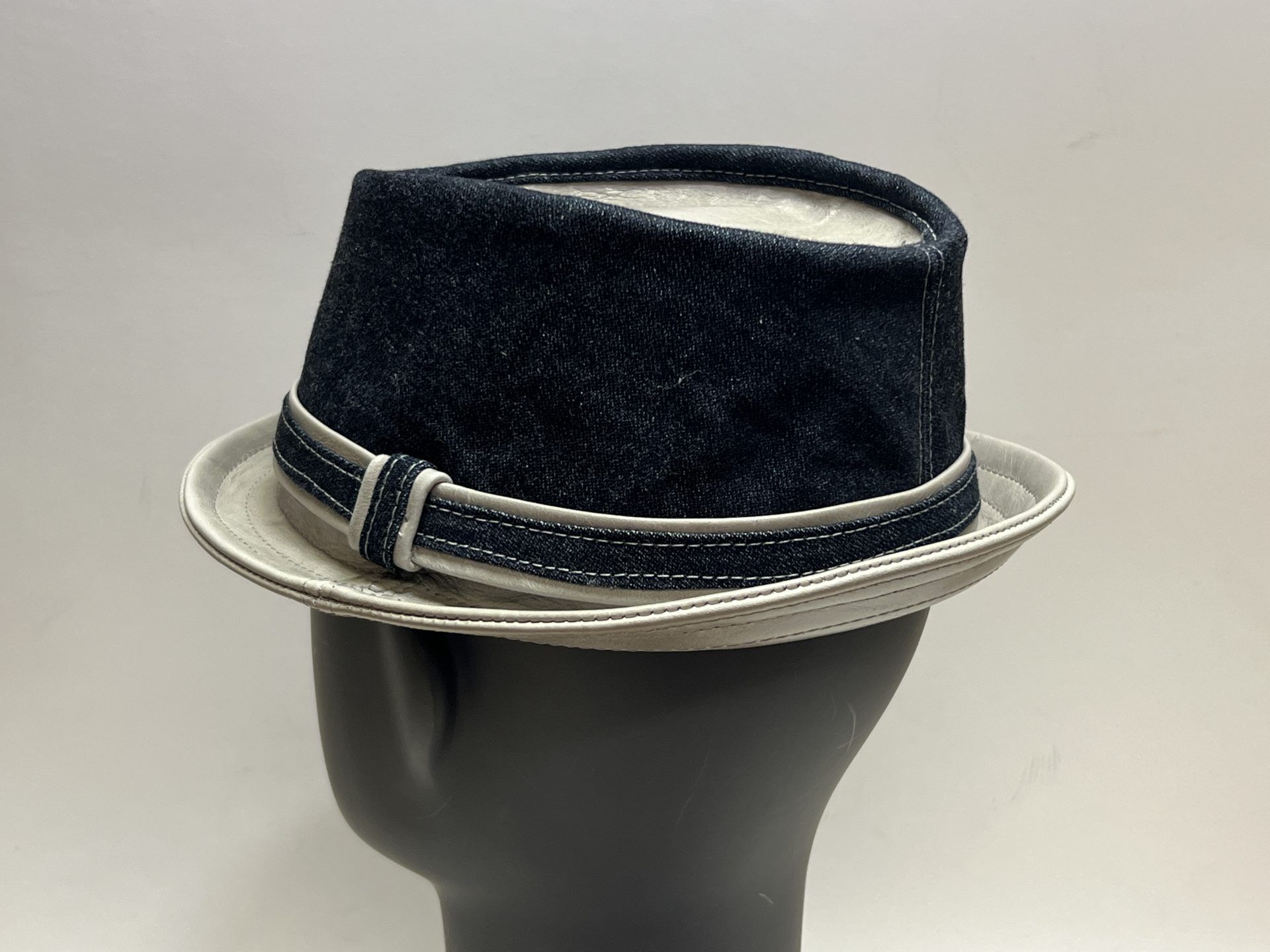 Custom Pinch Trilby Hat Leather & Denim Trim