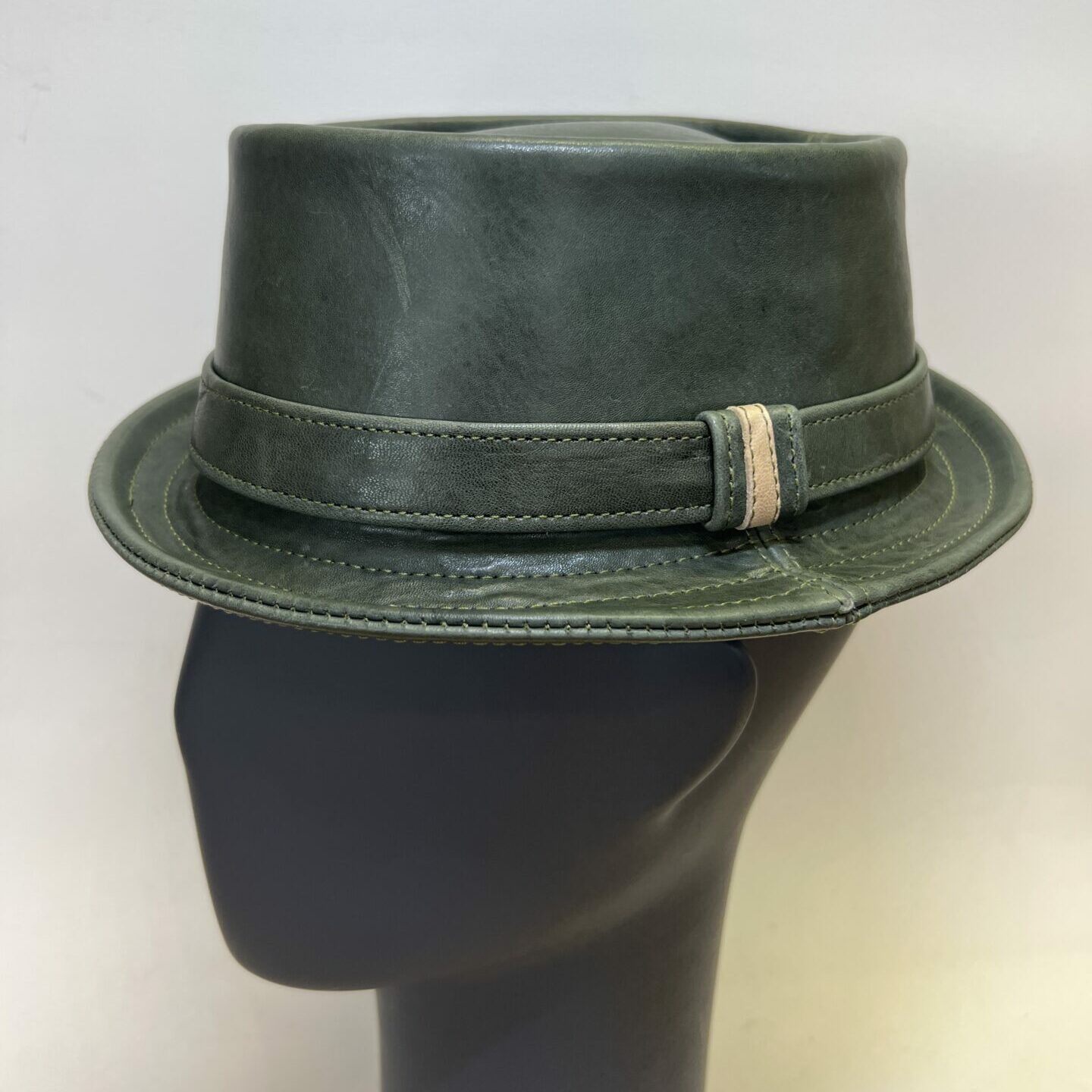 Olive Green Leather Roll Top Pork Pie Hat | The Hattic