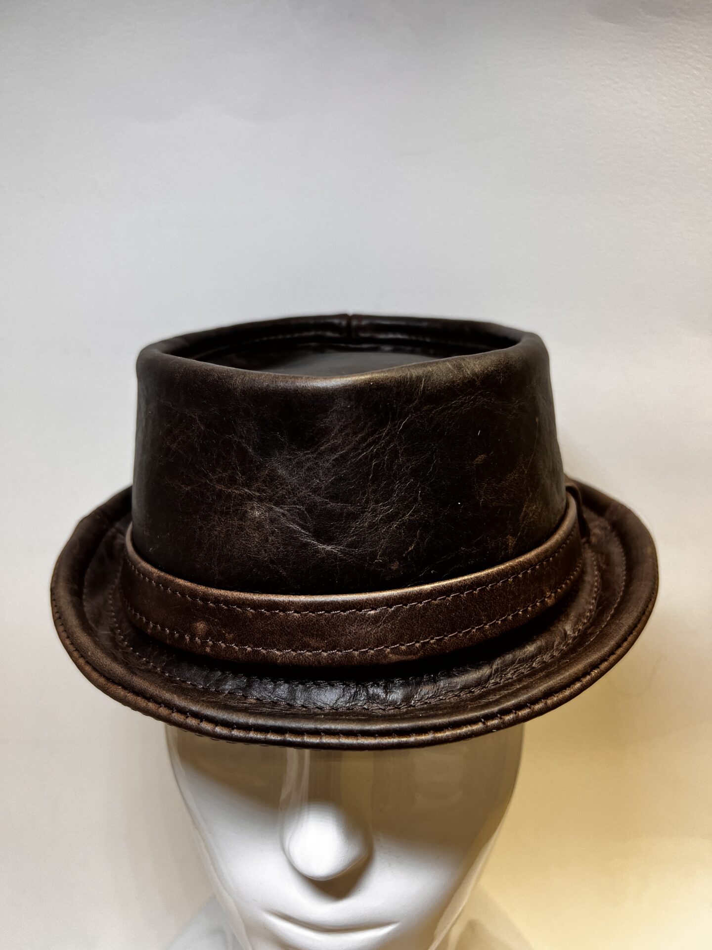 thumbnail image 2 of Gladwin Bond Handmade Sheepskin Pork Pie Hat – Brown & Black Worn Look, Men’s Vintage Cap 2 of 3